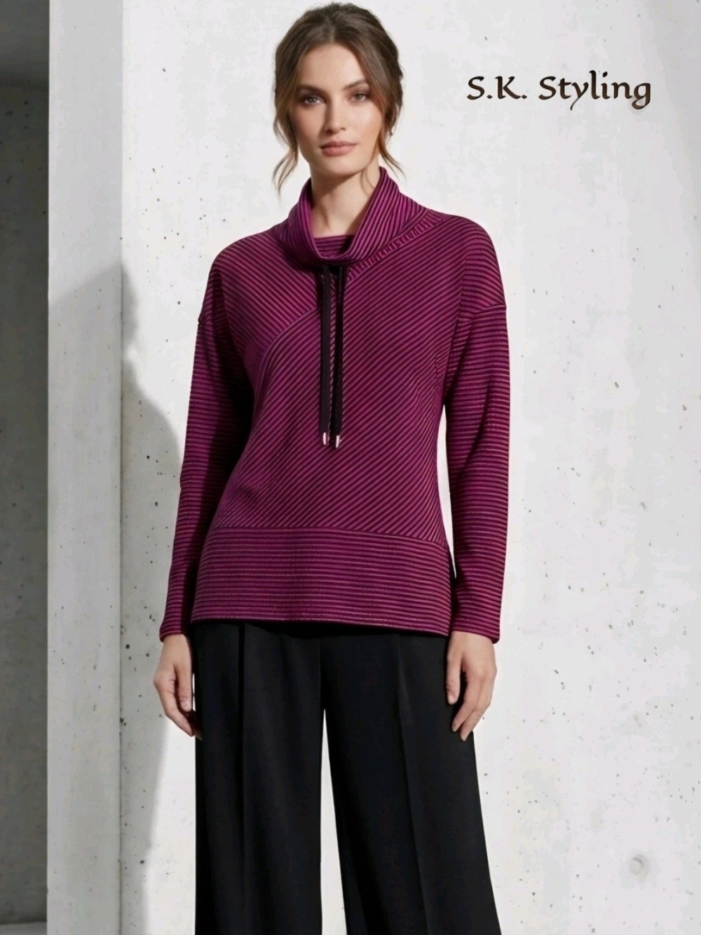 Jones New York Magenta Burnout Striped Pullover Top Drawstring Cowl Neck Large